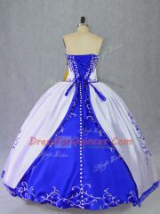 Most Popular Floor Length Blue And White Quinceanera Dress Strapless Sleeveless Lace Up