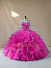Stunning Fuchsia Sleeveless Beading and Ruffles Floor Length 15th Birthday Dress