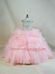 Pink Ball Gowns Beading and Ruffles Quinceanera Gown Lace Up Organza Sleeveless