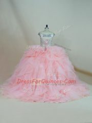 Pink Ball Gowns Beading and Ruffles Quinceanera Gown Lace Up Organza Sleeveless