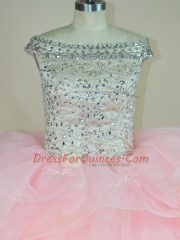 Pink Ball Gowns Beading and Ruffles Quinceanera Gown Lace Up Organza Sleeveless
