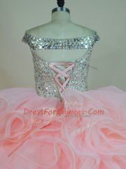 Pink Ball Gowns Beading and Ruffles Quinceanera Gown Lace Up Organza Sleeveless