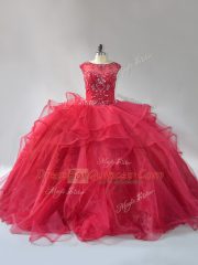 Luxury Wine Red Organza Lace Up Scoop Sleeveless Ball Gown Prom Dress Brush Train Beading and Ruffles
