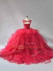 Luxury Wine Red Organza Lace Up Scoop Sleeveless Ball Gown Prom Dress Brush Train Beading and Ruffles