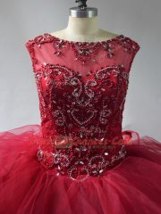 Luxury Wine Red Organza Lace Up Scoop Sleeveless Ball Gown Prom Dress Brush Train Beading and Ruffles