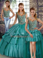 Smart Teal Straps Neckline Beading and Ruffled Layers 15th Birthday Dress Sleeveless Lace Up