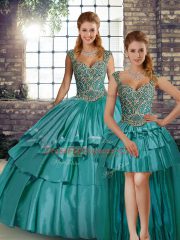 Smart Teal Straps Neckline Beading and Ruffled Layers 15th Birthday Dress Sleeveless Lace Up