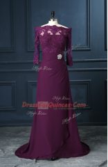 Purple Column/Sheath Chiffon Scalloped Sleeveless Beading and Lace Zipper Homecoming Dress Brush Train