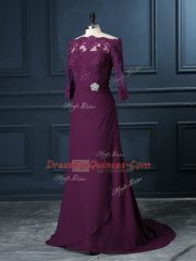 Purple Column/Sheath Chiffon Scalloped Sleeveless Beading and Lace Zipper Homecoming Dress Brush Train