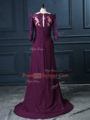 Purple Column/Sheath Chiffon Scalloped Sleeveless Beading and Lace Zipper Homecoming Dress Brush Train