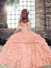 Fuchsia Tulle Lace Up Winning Pageant Gowns Sleeveless Floor Length Beading and Ruffles