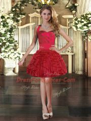 Red Straps Neckline Ruffles Ball Gown Prom Dress Sleeveless Lace Up