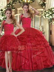 Red Straps Neckline Ruffles Ball Gown Prom Dress Sleeveless Lace Up
