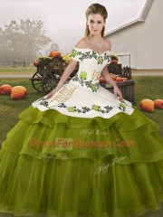 Wonderful Off The Shoulder Sleeveless Tulle 15 Quinceanera Dress Embroidery and Ruffled Layers Brush Train Lace Up