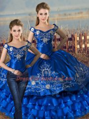 Royal Blue Satin and Organza Lace Up Off The Shoulder Sleeveless Floor Length Sweet 16 Quinceanera Dress Embroidery and Ruffled Layers