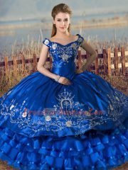 Royal Blue Satin and Organza Lace Up Off The Shoulder Sleeveless Floor Length Sweet 16 Quinceanera Dress Embroidery and Ruffled Layers