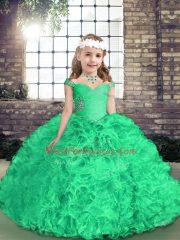 Fabric With Rolling Flowers Straps Sleeveless Side Zipper Beading and Ruffles Pageant Dress Womens in Green