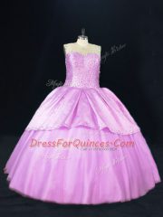 Ideal Lilac Ball Gowns Scoop Sleeveless Satin and Tulle Floor Length Lace Up Beading 15 Quinceanera Dress