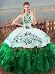 Fashion Sleeveless Organza Floor Length Lace Up Vestidos de Quinceanera in Green with Embroidery and Ruffles