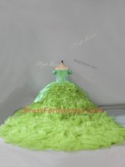 Yellow Green Sweet 16 Dress Organza Chapel Train Sleeveless Embroidery and Ruffles