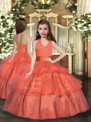 Customized Floor Length Orange Red Quinceanera Dress Organza Sleeveless Ruffled Layers