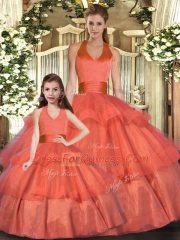 Customized Floor Length Orange Red Quinceanera Dress Organza Sleeveless Ruffled Layers