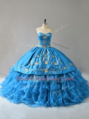 Blue Sleeveless Embroidery and Ruffles Lace Up Quinceanera Gown