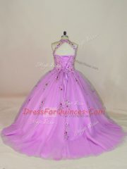 Modest Tulle Halter Top Sleeveless Brush Train Lace Up Appliques and Embroidery Quinceanera Dress in Lilac