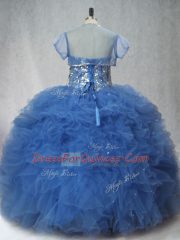 Latest Blue Ball Gowns Beading and Ruffles Vestidos de Quinceanera Lace Up Tulle Sleeveless Floor Length