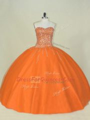 Exquisite Orange Mermaid Sweetheart Sleeveless Tulle Floor Length Lace Up Beading Quinceanera Dresses