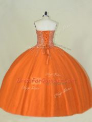 Exquisite Orange Mermaid Sweetheart Sleeveless Tulle Floor Length Lace Up Beading Quinceanera Dresses