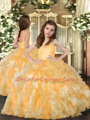 Sleeveless Organza Floor Length Lace Up Quinceanera Dress in Gold with Beading and Ruffles