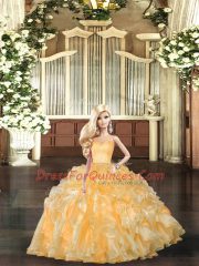 Sleeveless Organza Floor Length Lace Up Quinceanera Dress in Gold with Beading and Ruffles