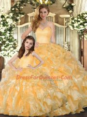 Sleeveless Organza Floor Length Lace Up Quinceanera Dress in Gold with Beading and Ruffles