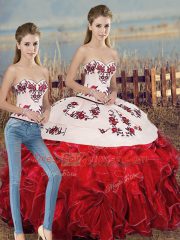 Unique White And Red Quinceanera Dresses Military Ball and Sweet 16 and Quinceanera with Embroidery and Ruffles and Bowknot Sweetheart Sleeveless Lace Up