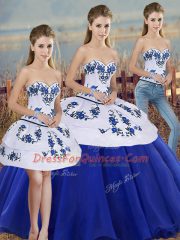 Sleeveless Floor Length Embroidery and Bowknot Lace Up Sweet 16 Dress with Royal Blue