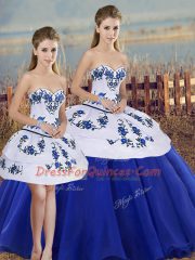 Sleeveless Floor Length Embroidery and Bowknot Lace Up Sweet 16 Dress with Royal Blue