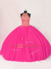 Eye-catching Hot Pink Sleeveless Tulle Lace Up Quinceanera Gown for Sweet 16 and Quinceanera