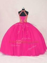Eye-catching Hot Pink Sleeveless Tulle Lace Up Quinceanera Gown for Sweet 16 and Quinceanera