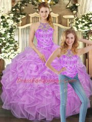 Amazing Lilac Two Pieces Tulle Halter Top Sleeveless Beading and Ruffles Floor Length Lace Up Quinceanera Gown