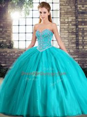 Comfortable Sleeveless Beading Lace Up Sweet 16 Quinceanera Dress with Aqua Blue Brush Train