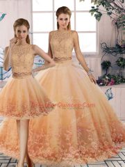 Captivating Peach Quince Ball Gowns Military Ball and Sweet 16 and Quinceanera with Lace Scalloped Sleeveless Sweep Train Backless