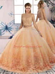 Captivating Peach Quince Ball Gowns Military Ball and Sweet 16 and Quinceanera with Lace Scalloped Sleeveless Sweep Train Backless