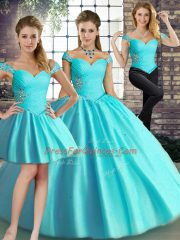 Enchanting Aqua Blue Off The Shoulder Neckline Beading Quince Ball Gowns Sleeveless Lace Up