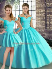 Enchanting Aqua Blue Off The Shoulder Neckline Beading Quince Ball Gowns Sleeveless Lace Up