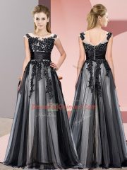 Discount Sleeveless Tulle Floor Length Zipper Vestidos de Damas in Black with Beading and Lace