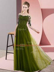 Bateau Half Sleeves Vestidos de Damas Floor Length Beading and Lace Olive Green Chiffon