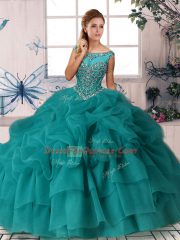 Teal Zipper Scoop Beading and Pick Ups Sweet 16 Dresses Organza Sleeveless Brush Train