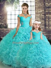Floor Length Aqua Blue Quinceanera Gowns Off The Shoulder Sleeveless Lace Up