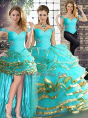 Cute Sleeveless Floor Length Beading and Ruffled Layers Lace Up Vestidos de Quinceanera with Aqua Blue